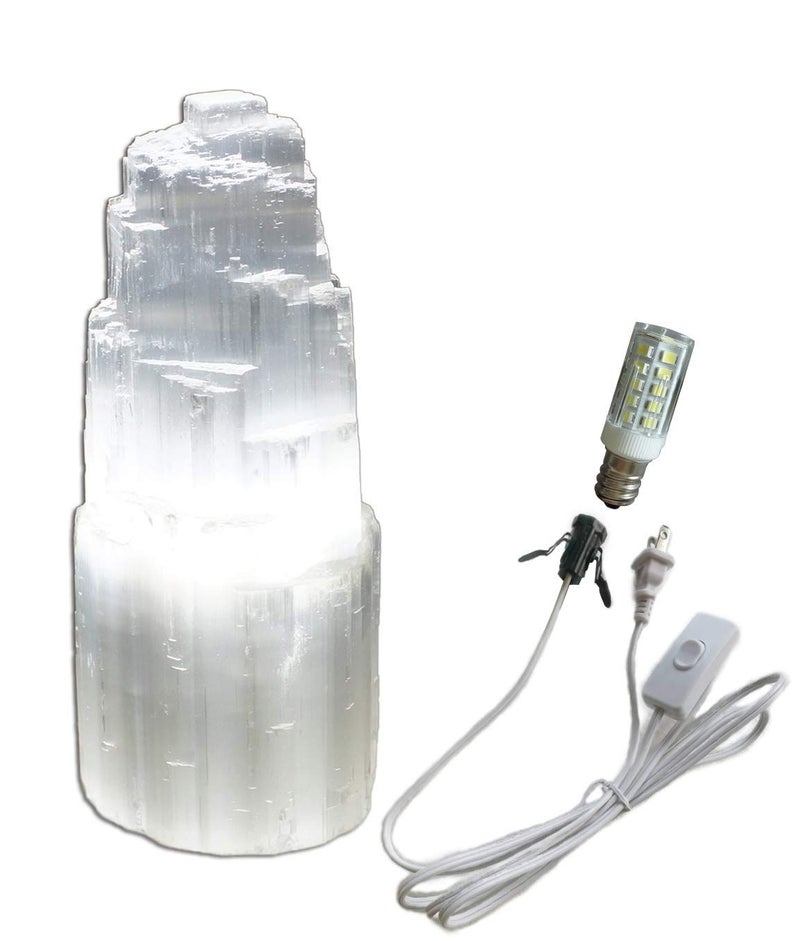 JIC Gem Natural Selenite Lamp 8" White Selenite Crystal Rock Lamps with Switch Cord and Bulb - Image 1